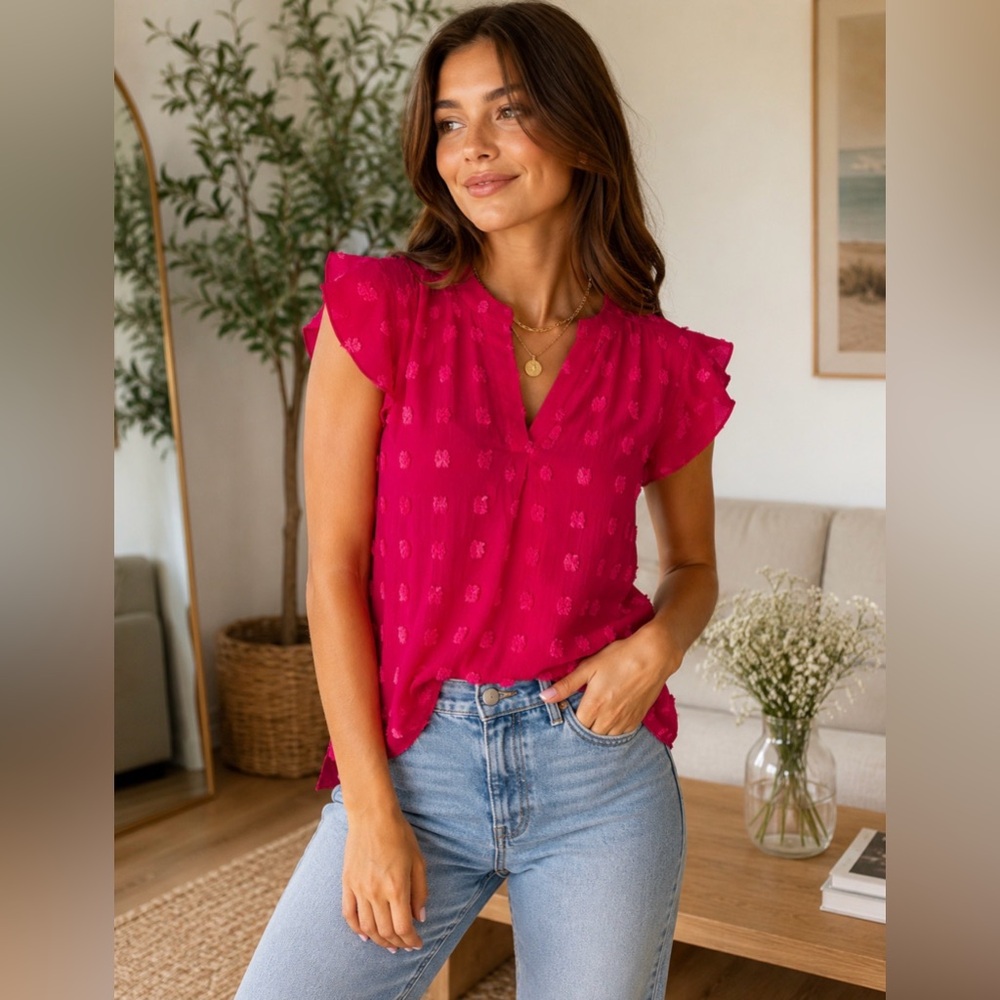 💖 Bright Pink Swiss Dot Flutter Sleeve Blouse 💖